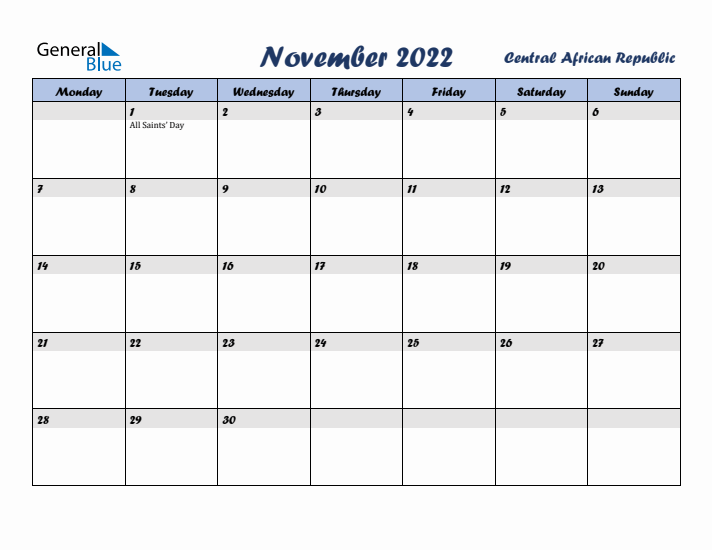 November 2022 Calendar with Holidays in Central African Republic