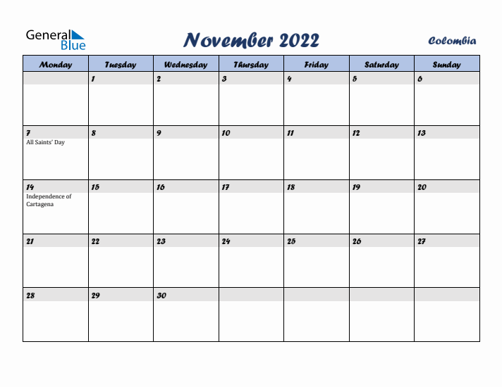 November 2022 Calendar with Holidays in Colombia