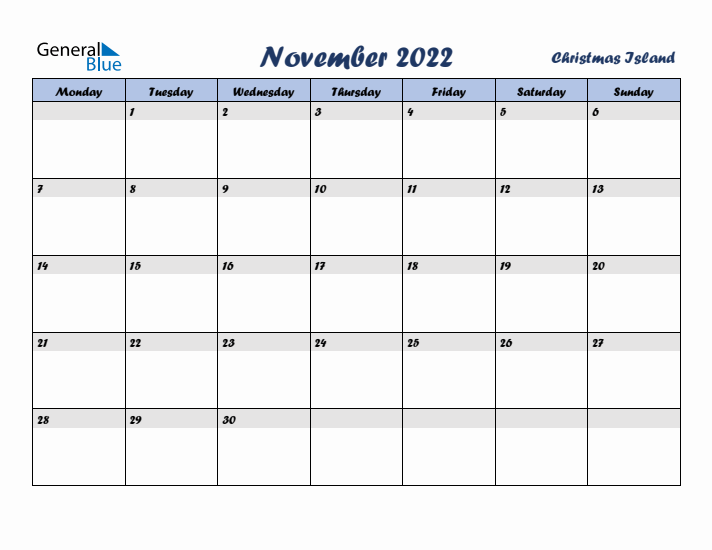 November 2022 Calendar with Holidays in Christmas Island