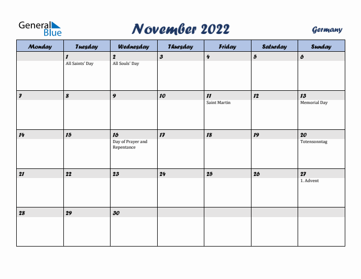 November 2022 Calendar with Holidays in Germany