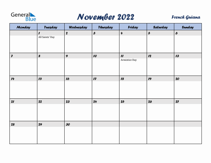 November 2022 Calendar with Holidays in French Guiana