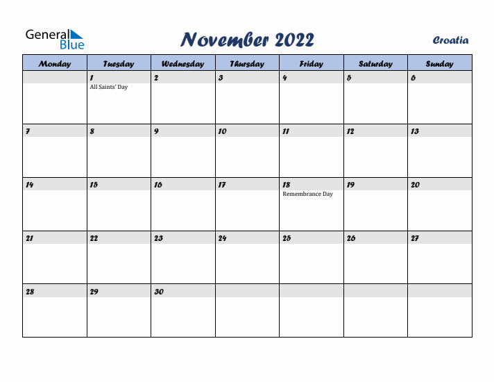 November 2022 Calendar with Holidays in Croatia