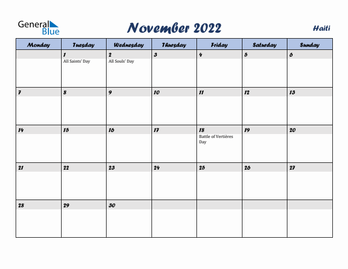 November 2022 Calendar with Holidays in Haiti