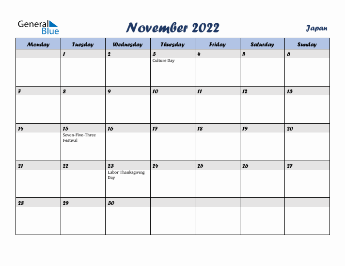 November 2022 Calendar with Holidays in Japan