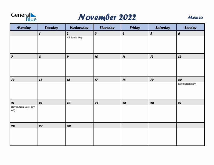 November 2022 Calendar with Holidays in Mexico