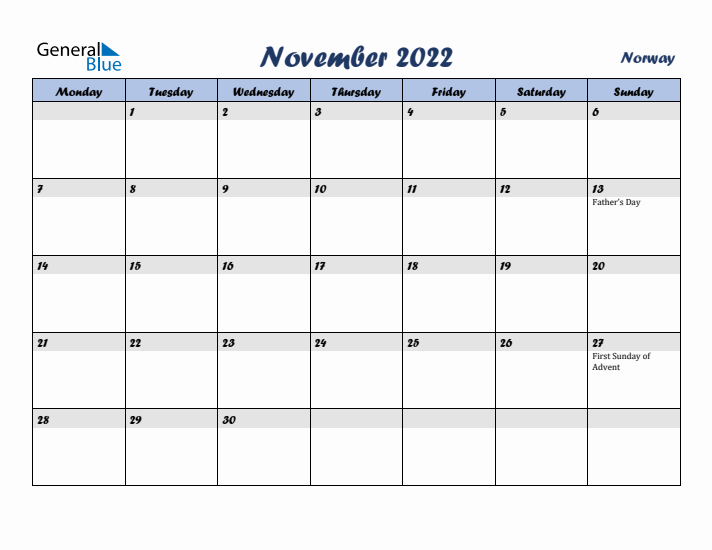 November 2022 Calendar with Holidays in Norway