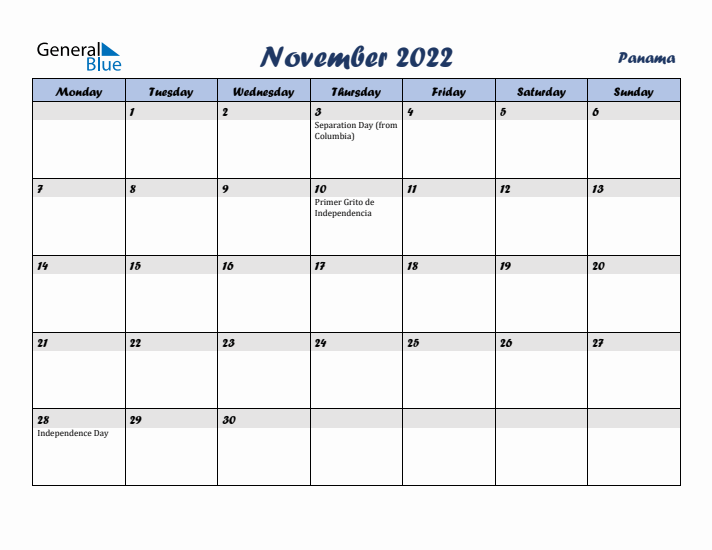 November 2022 Calendar with Holidays in Panama