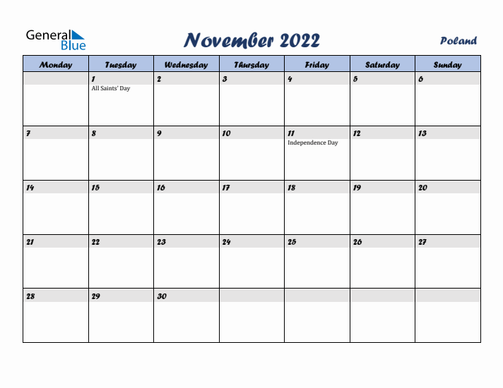 November 2022 Calendar with Holidays in Poland