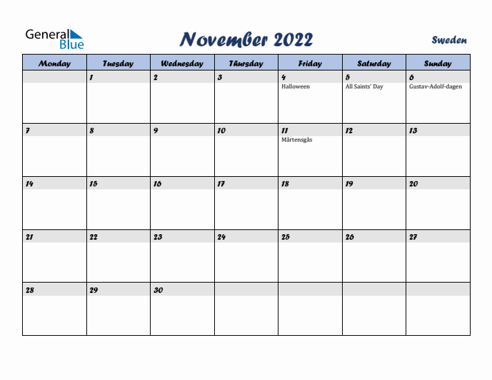 November 2022 Calendar with Holidays in Sweden