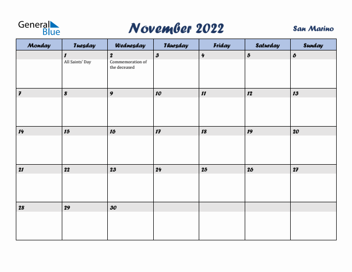 November 2022 Calendar with Holidays in San Marino