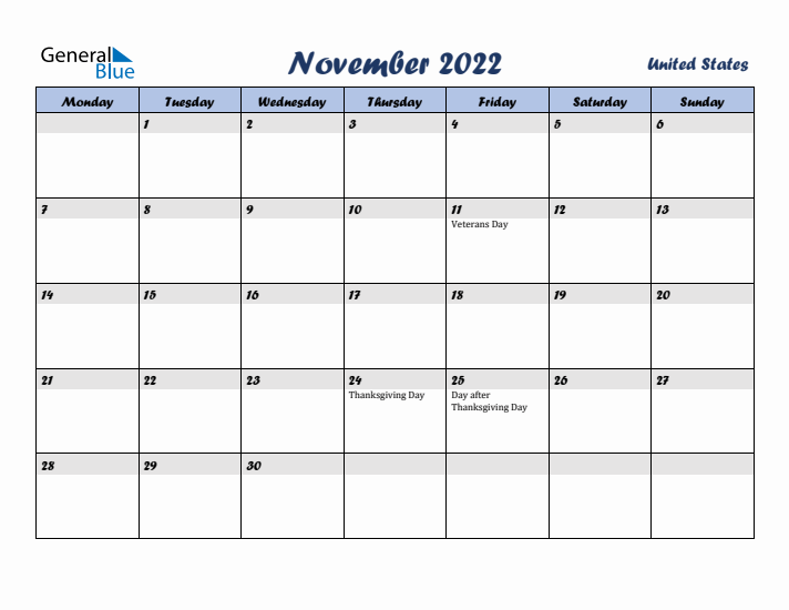 November 2022 Calendar with Holidays in United States