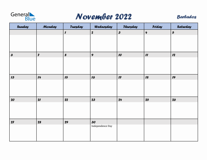 November 2022 Calendar with Holidays in Barbados