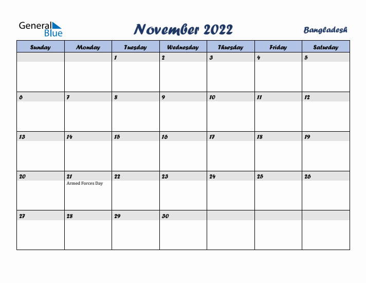 November 2022 Calendar with Holidays in Bangladesh