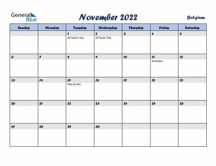 November 2022 Calendar with Holidays in Belgium