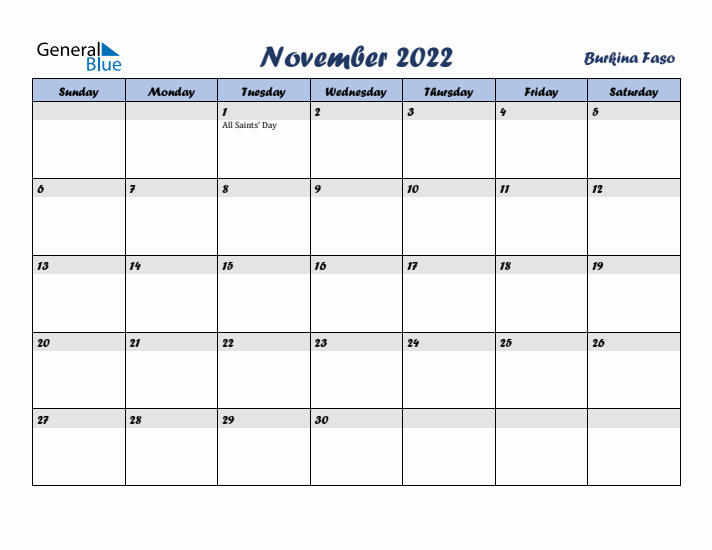 November 2022 Calendar with Holidays in Burkina Faso