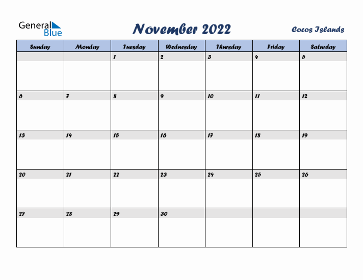 November 2022 Calendar with Holidays in Cocos Islands