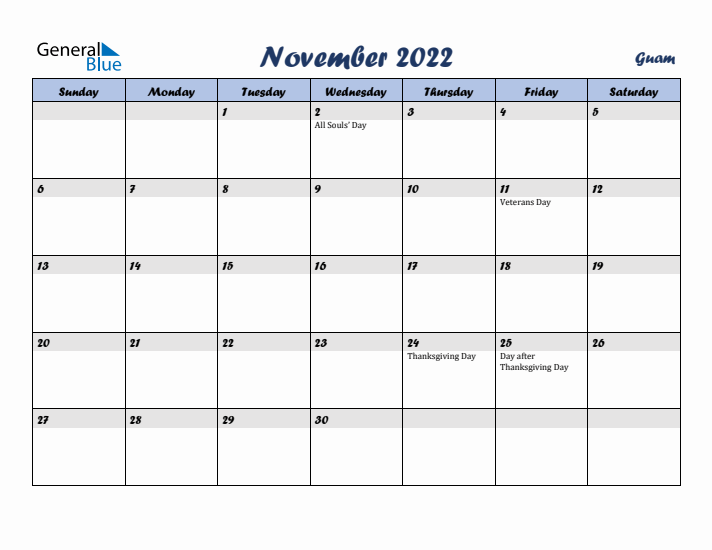 November 2022 Calendar with Holidays in Guam