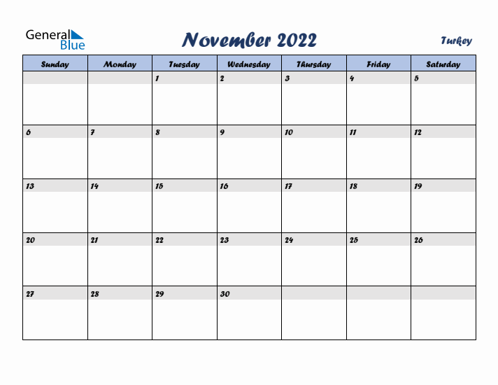 November 2022 Calendar with Holidays in Turkey