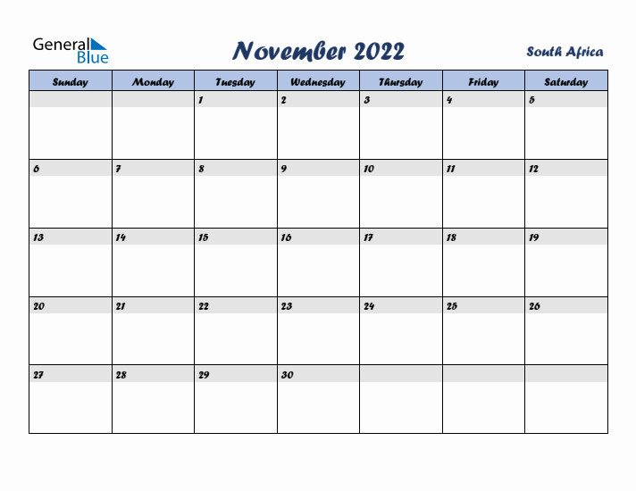 November 2022 Calendar with Holidays in South Africa