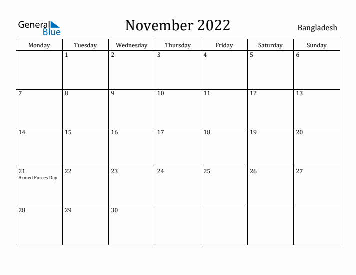 November 2022 Calendar Bangladesh