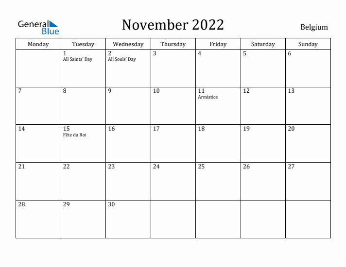 November 2022 Calendar Belgium