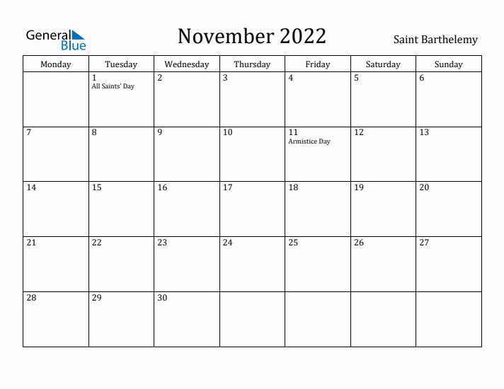 November 2022 Calendar Saint Barthelemy