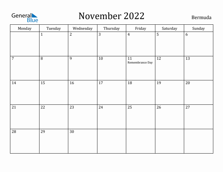 November 2022 Calendar Bermuda