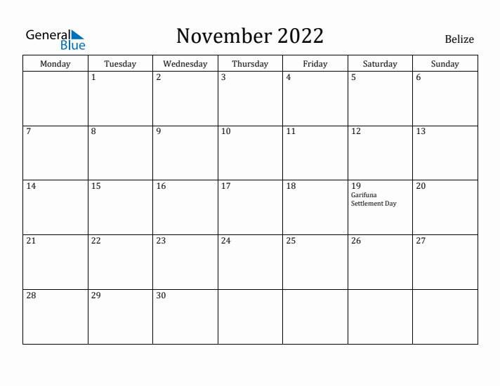 November 2022 Calendar Belize