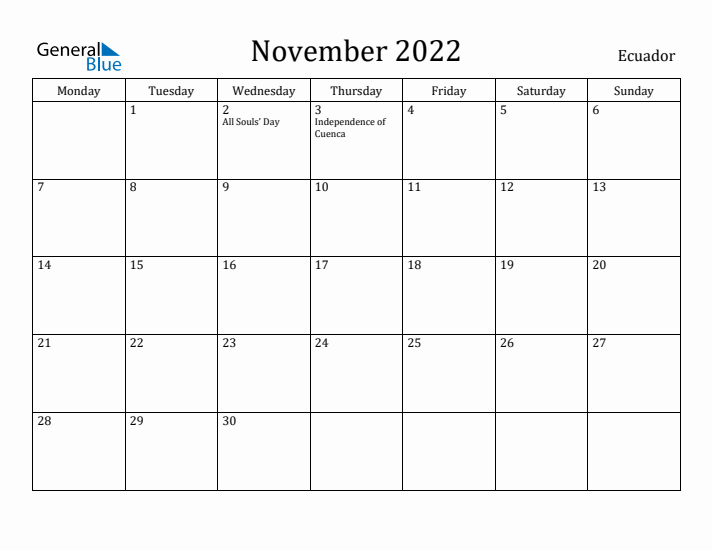 November 2022 Calendar Ecuador