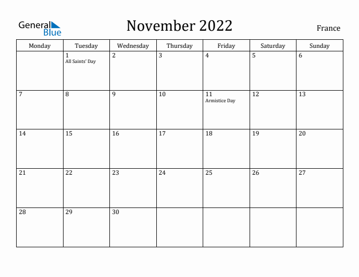 November 2022 Calendar France