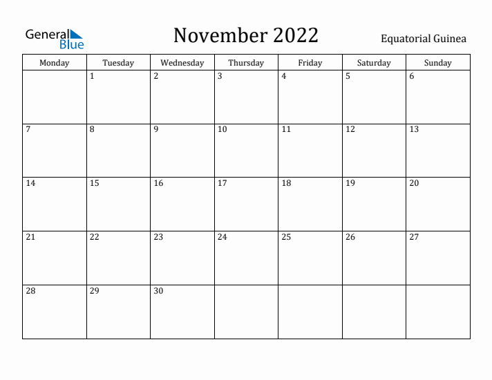 November 2022 Calendar Equatorial Guinea