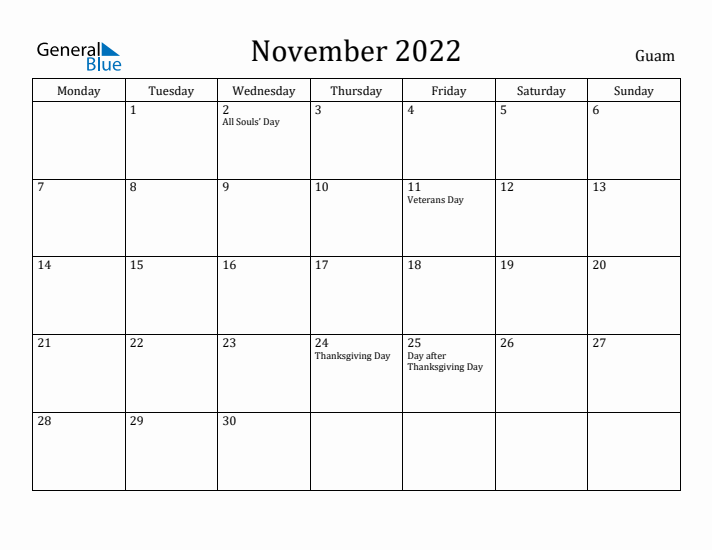 November 2022 Calendar Guam