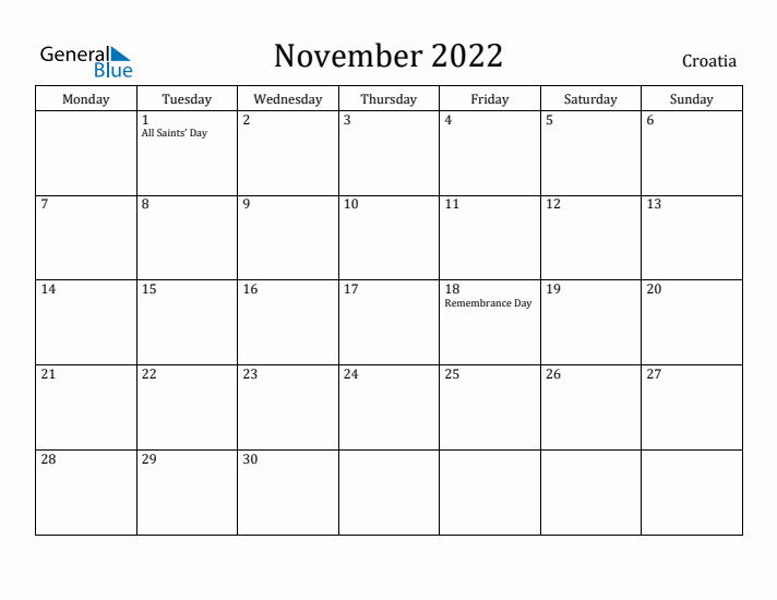 November 2022 Calendar Croatia