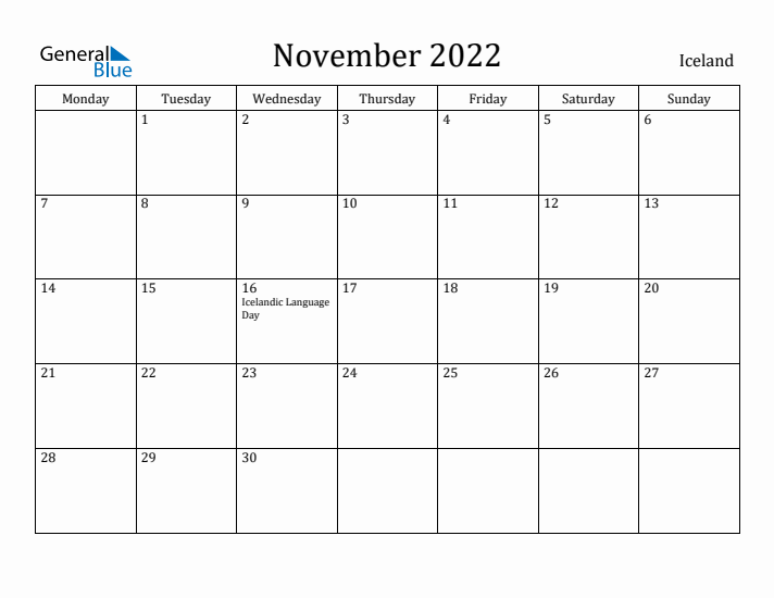 November 2022 Calendar Iceland