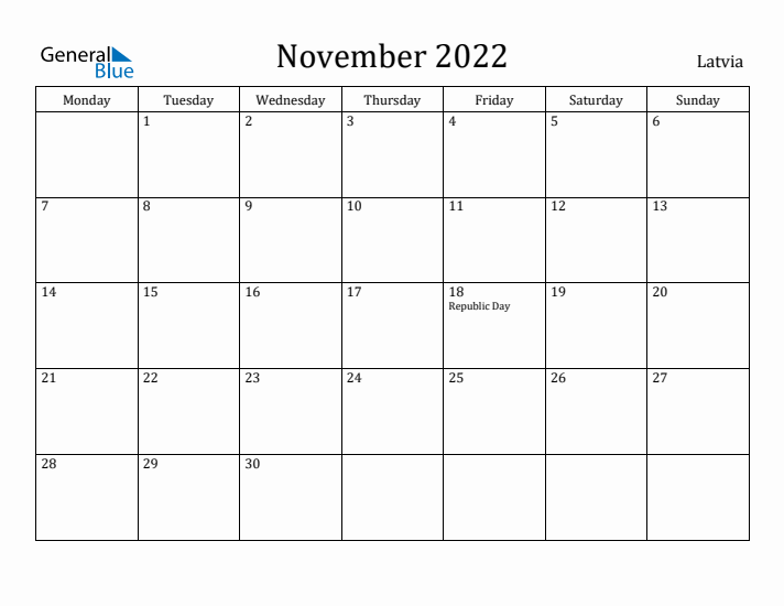 November 2022 Calendar Latvia