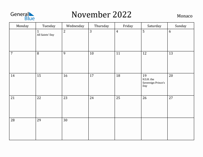 November 2022 Calendar Monaco