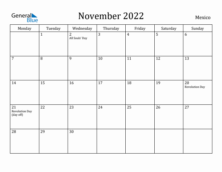 November 2022 Calendar Mexico