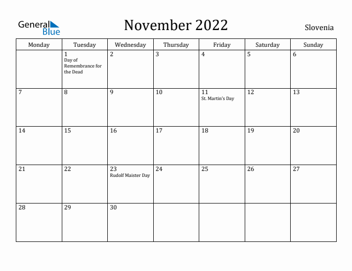 November 2022 Calendar Slovenia