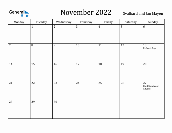 November 2022 Calendar Svalbard and Jan Mayen