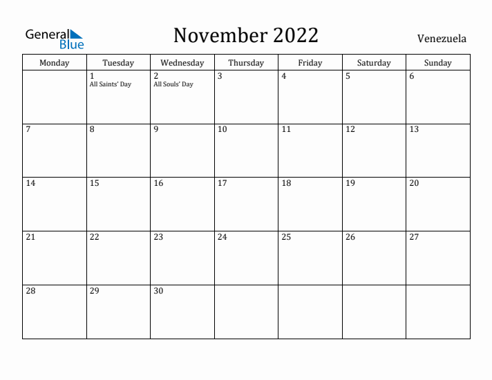 November 2022 Calendar Venezuela