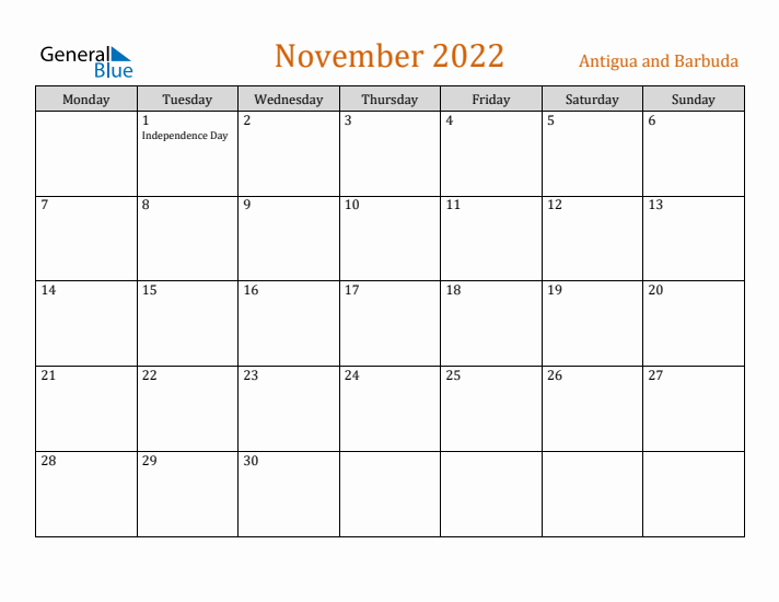 November 2022 Holiday Calendar with Monday Start