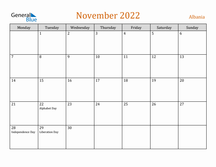 November 2022 Holiday Calendar with Monday Start