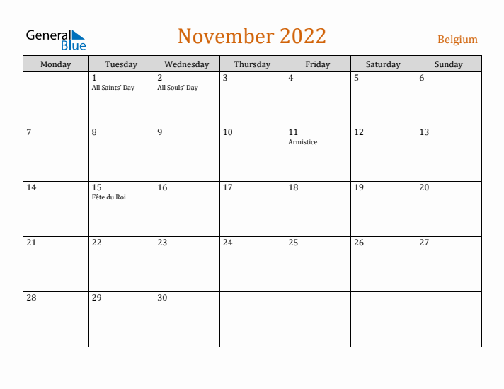 November 2022 Holiday Calendar with Monday Start