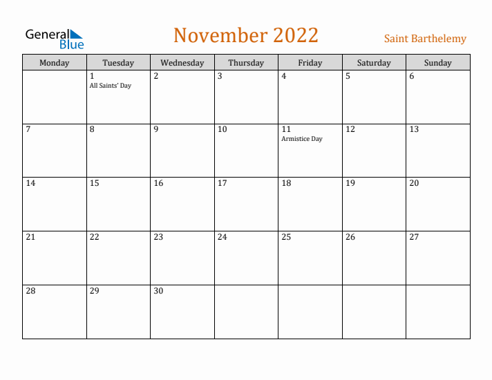 November 2022 Holiday Calendar with Monday Start