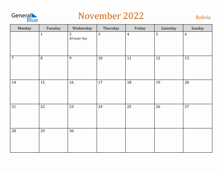 November 2022 Holiday Calendar with Monday Start