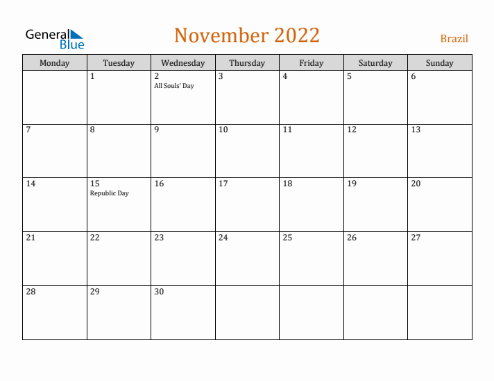 November 2022 Holiday Calendar with Monday Start