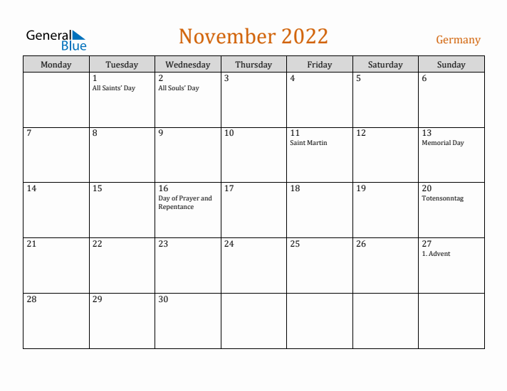 November 2022 Holiday Calendar with Monday Start