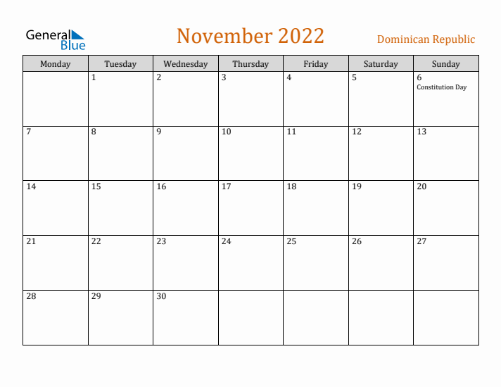 November 2022 Holiday Calendar with Monday Start