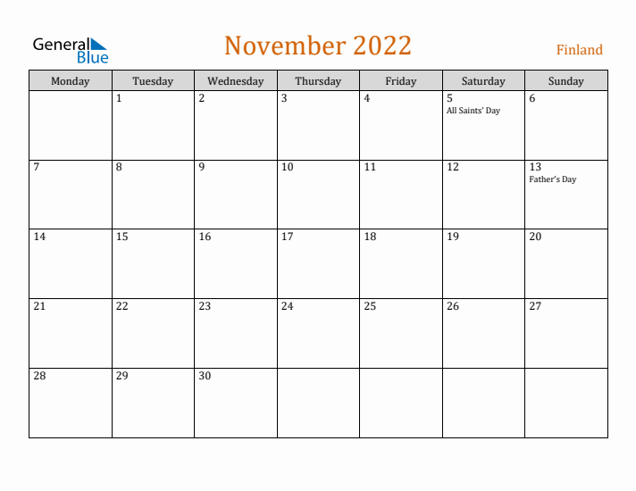 November 2022 Holiday Calendar with Monday Start