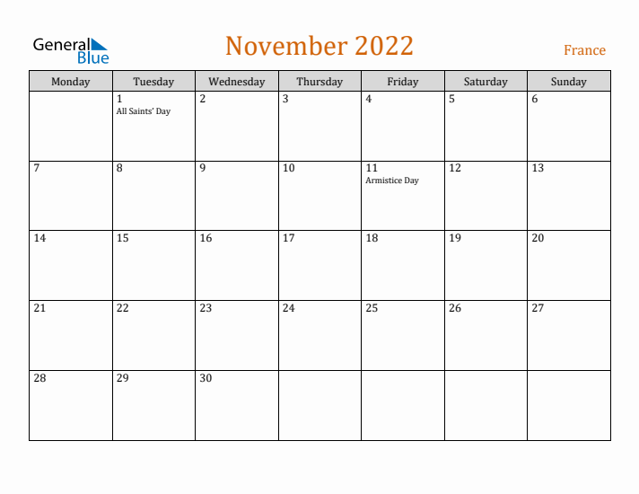 November 2022 Holiday Calendar with Monday Start